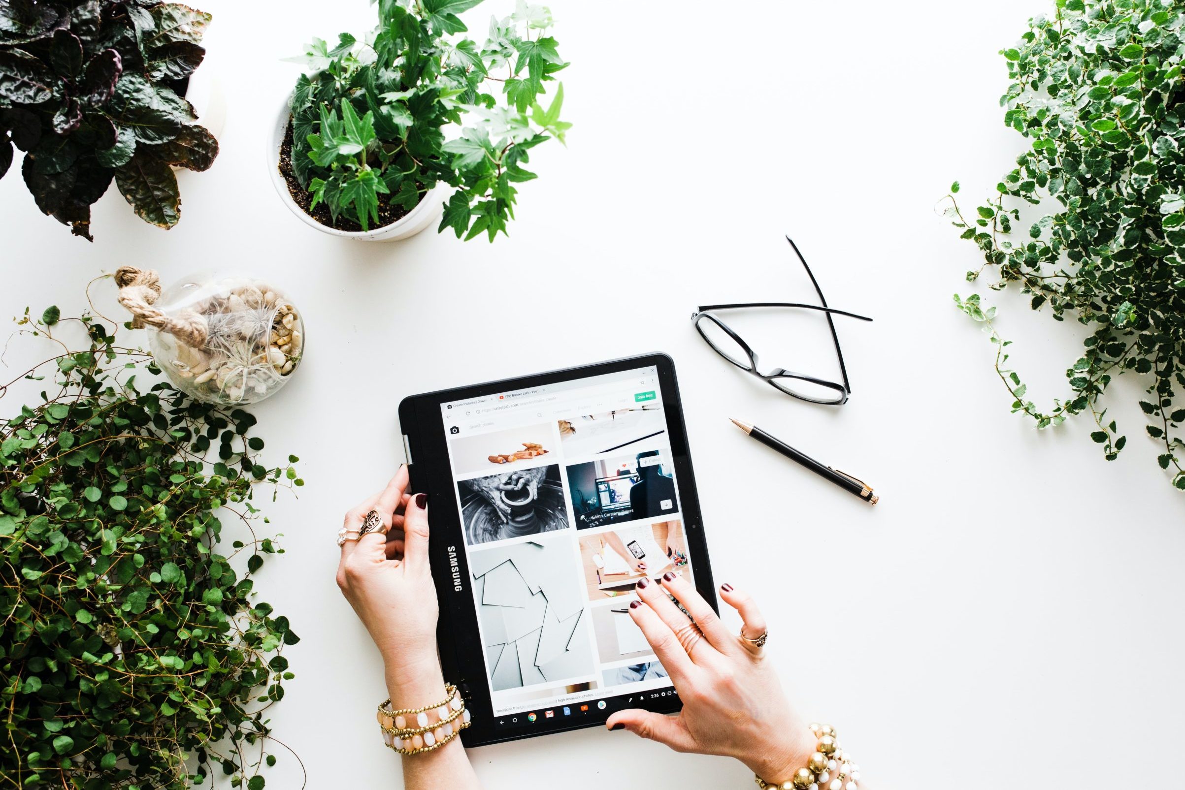 ipad surrounded by plants