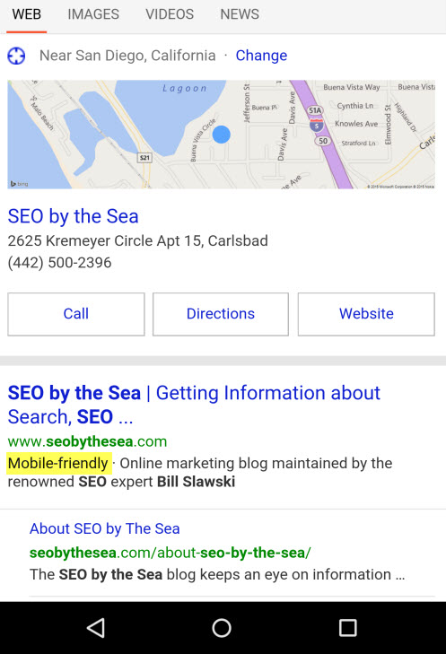 The search snippet for 'SEO by the Sea' includes a mention that the site is 'Mobile-friendly'