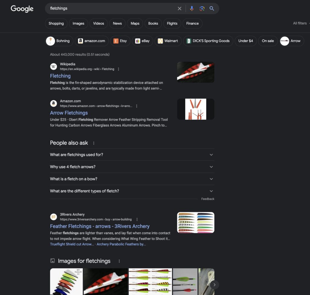 Mixed intent SERP for the keyword 'fletchings'