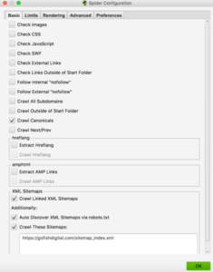 A view of the Screaming Frog configuration settings.