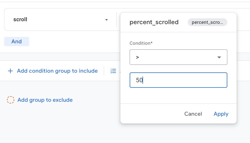 the add parameter pop-up window for the percent_scrolled parameter