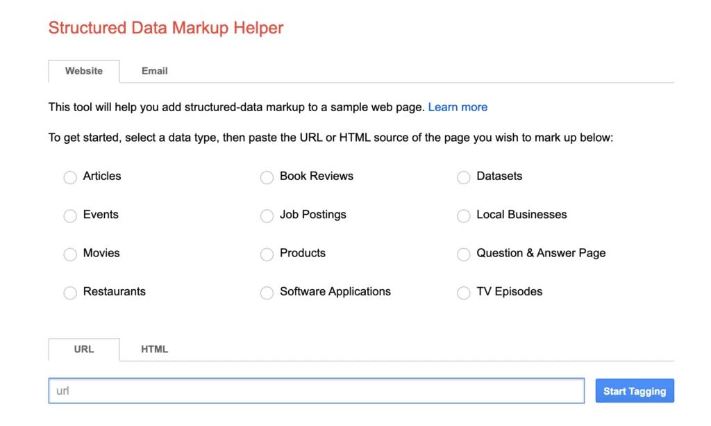 Google data markup helper home screen.