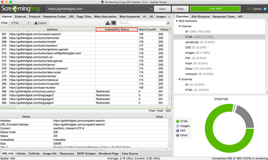 A review of a web page's indexability status via Screaming Frog.