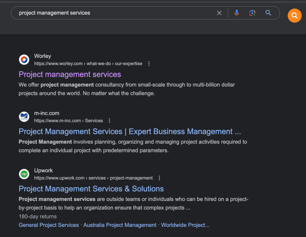 Search engine result pages of Project Management.