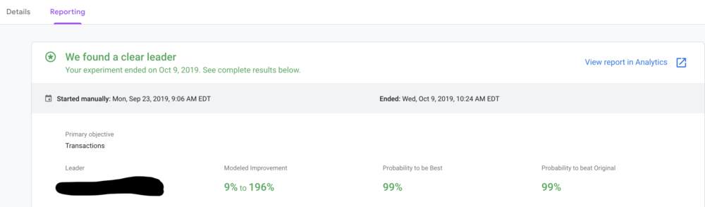 Google Optimize Reports