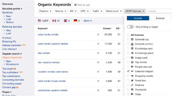 Ahrefs Keywords Explorer tool with SERP filter