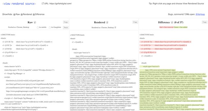 View Rendered Source crawler view comparison