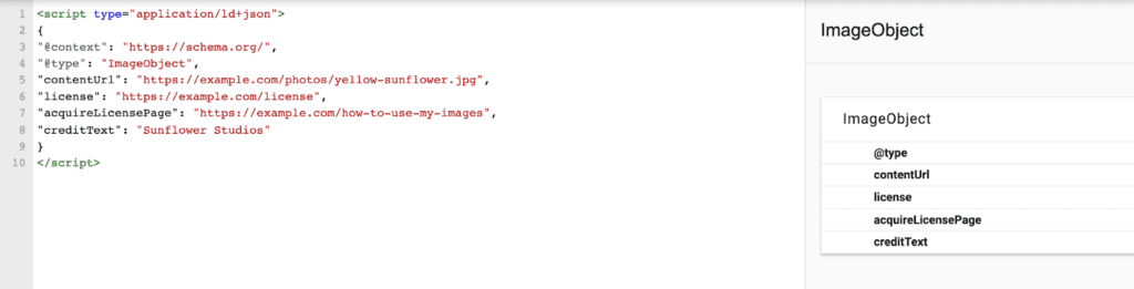 structured data markup displaying imageobject schema