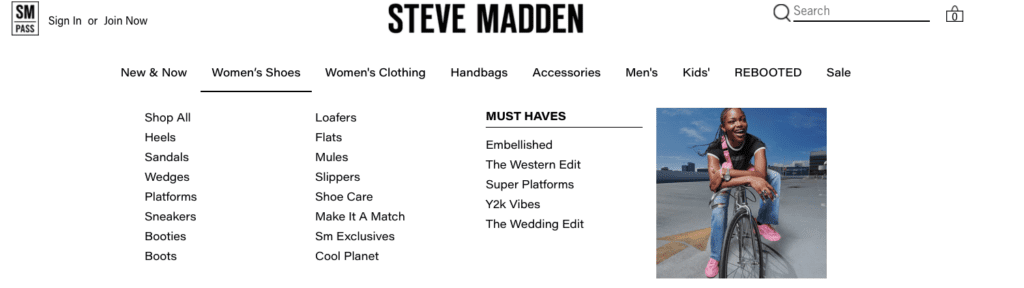 Steve Madden Site Navigation